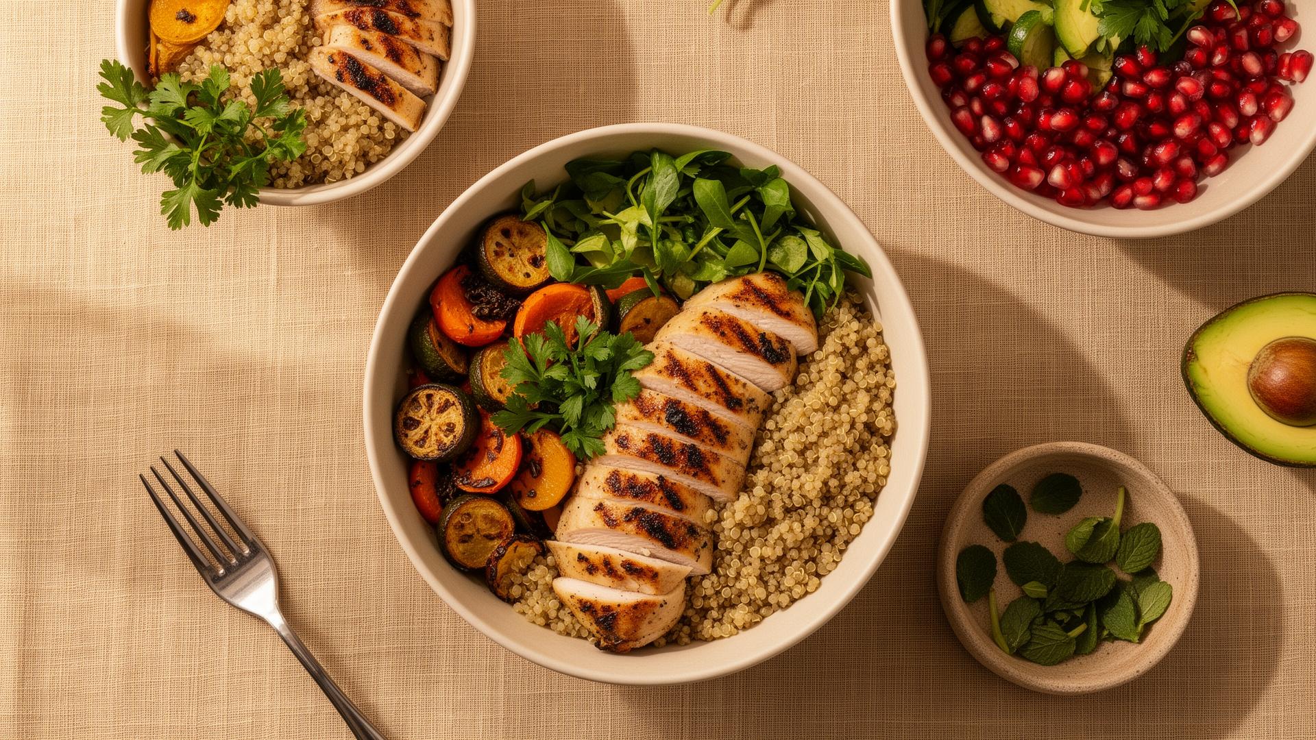 Healthy meal bowls with grilled chicken, quinoa and fresh vegetables